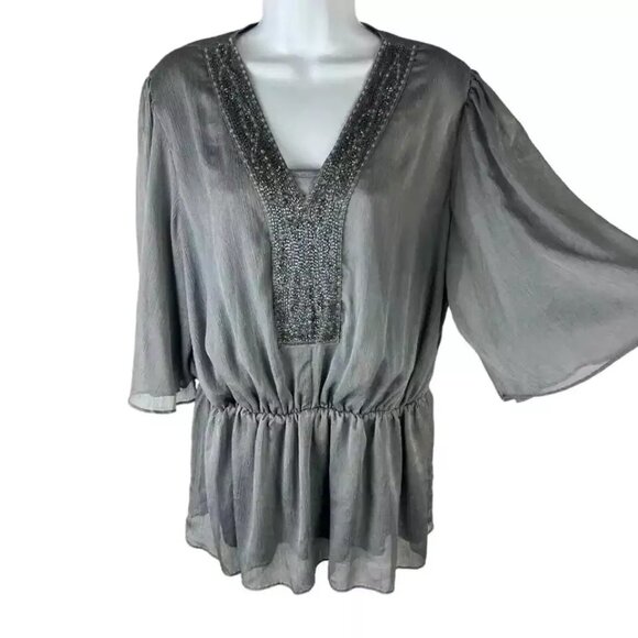 Badgley Mischka Flowy Silver Peplum Top Beaded Neckline 3/4 Sleeve ( SMALL ) NWT - Picture 7 of 8